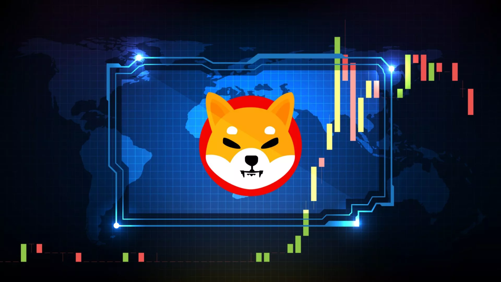 Shiba Inu (SHIB) logo op digitale wereldkaart met koersgrafiek in achtergrond