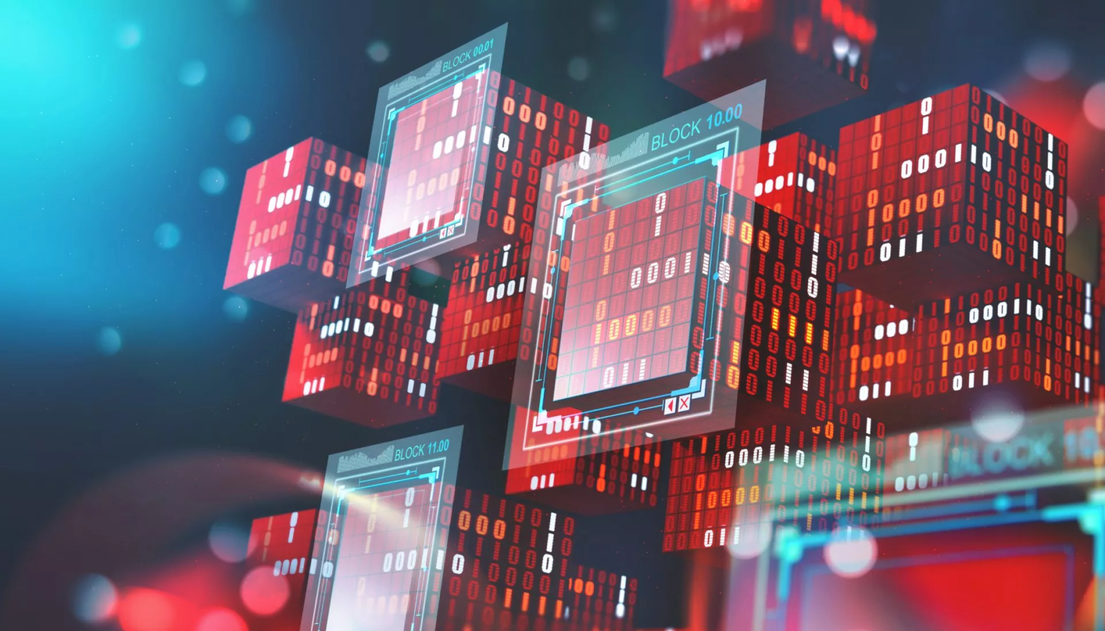 Rode digitale blokken met binaire code vormen abstracte weergave van blockchain
