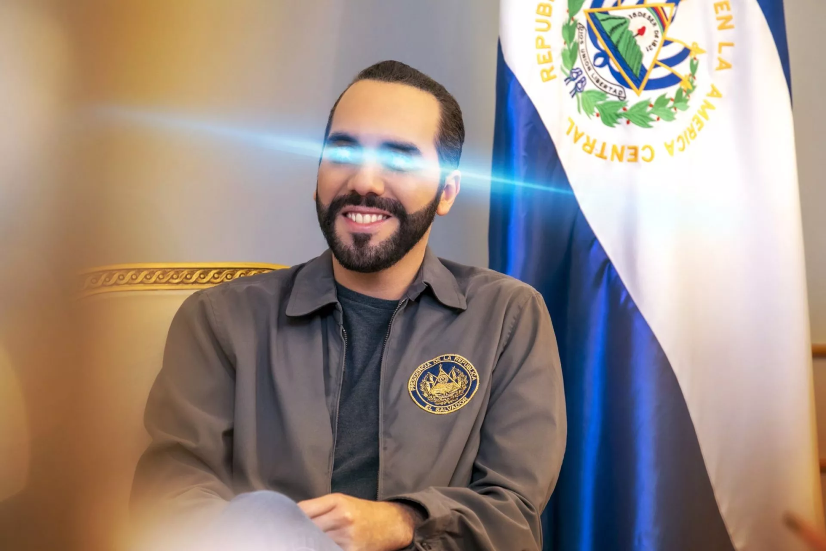 President Nayib Bukele van El Salvador met glowing eyes en vlag op achtergrond