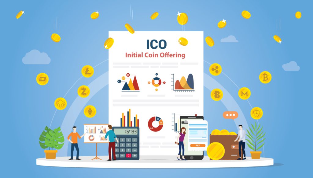 ico initial coin offering concept with people and business money
