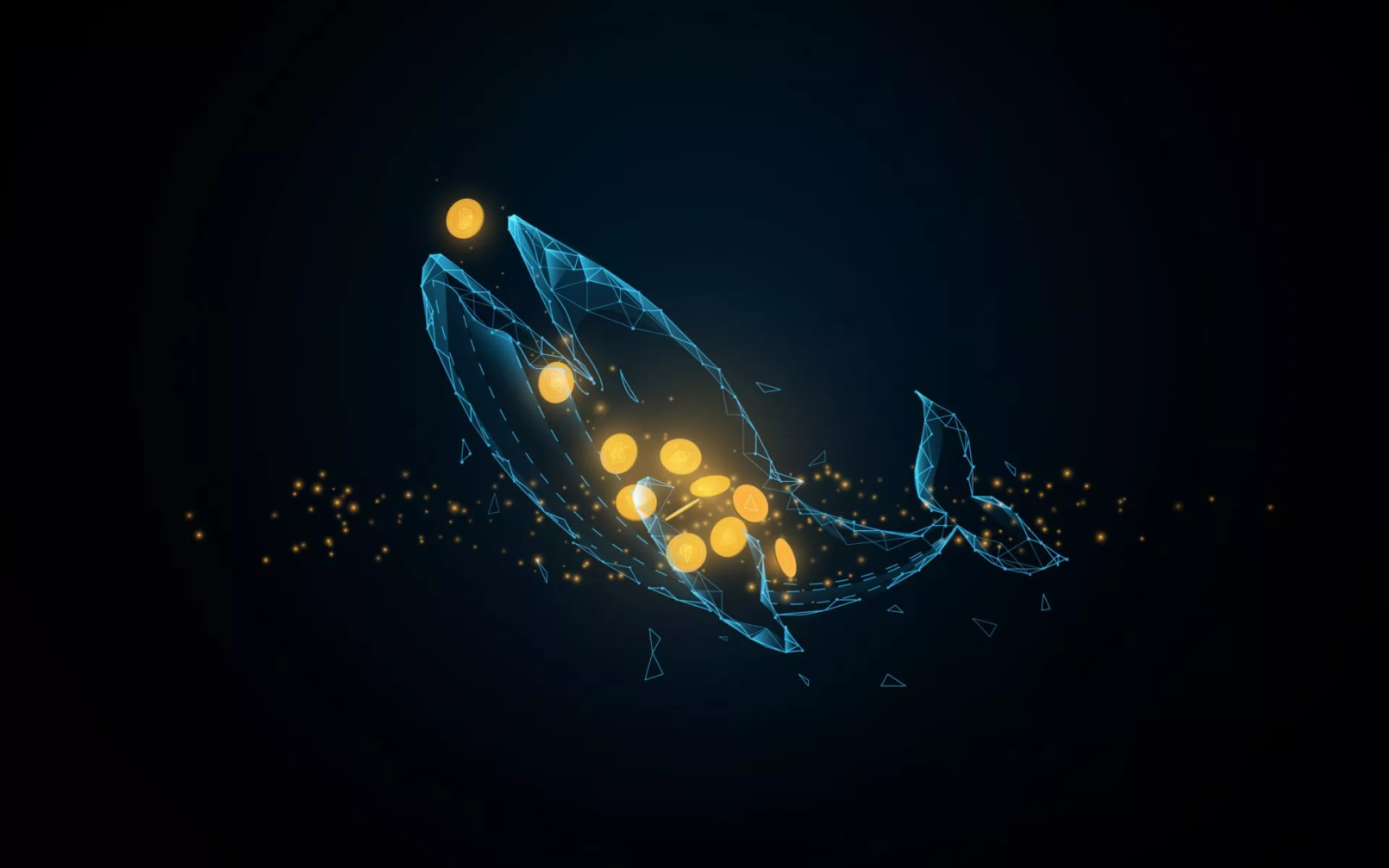 Whale eating Bitcoin, cryptocurrency. Low polygon line, triangle