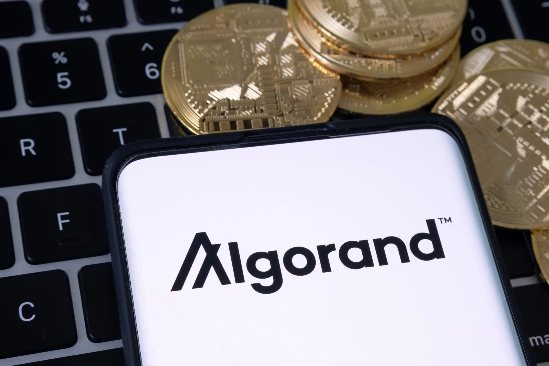 Algorand cryptocurrency platform logo seen on smartphone placed