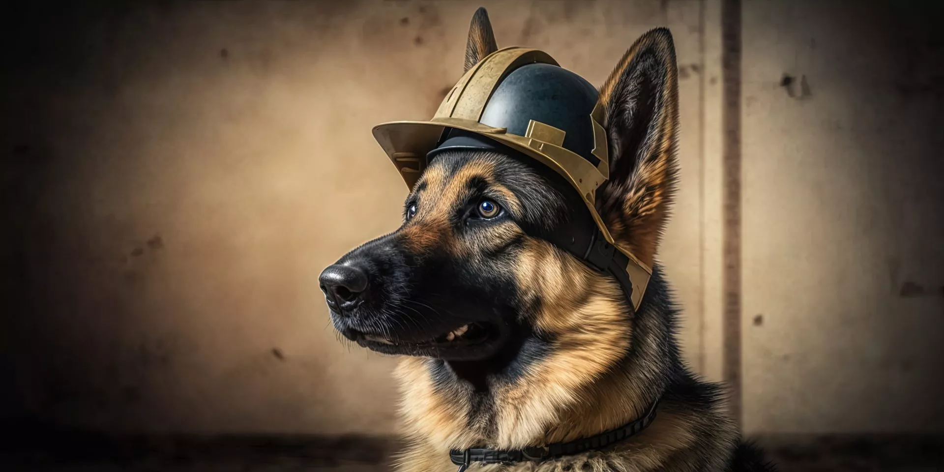 German Shepherd dog in construction with safe helmet, bokeh con