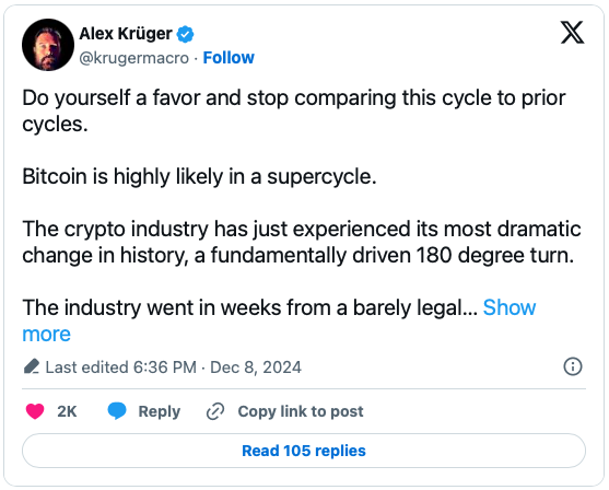 Alex Krüger: Bitcoin is in a “super cycle”