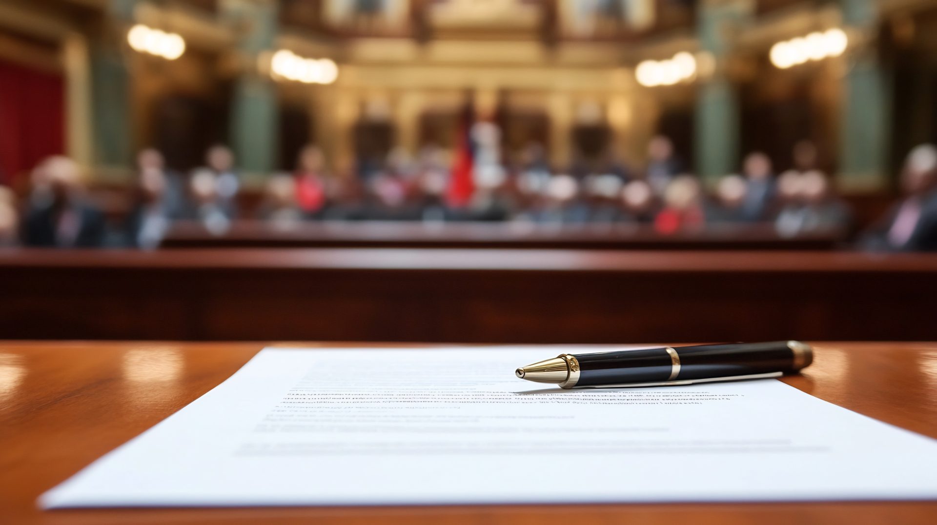 Document met pen op houten tafel in Amerikaanse Senaat