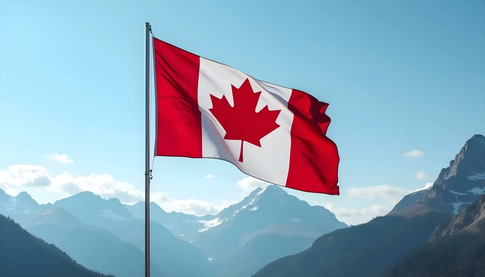 Canadese vlag met esdoornblad wappert voor bergachtig landschap