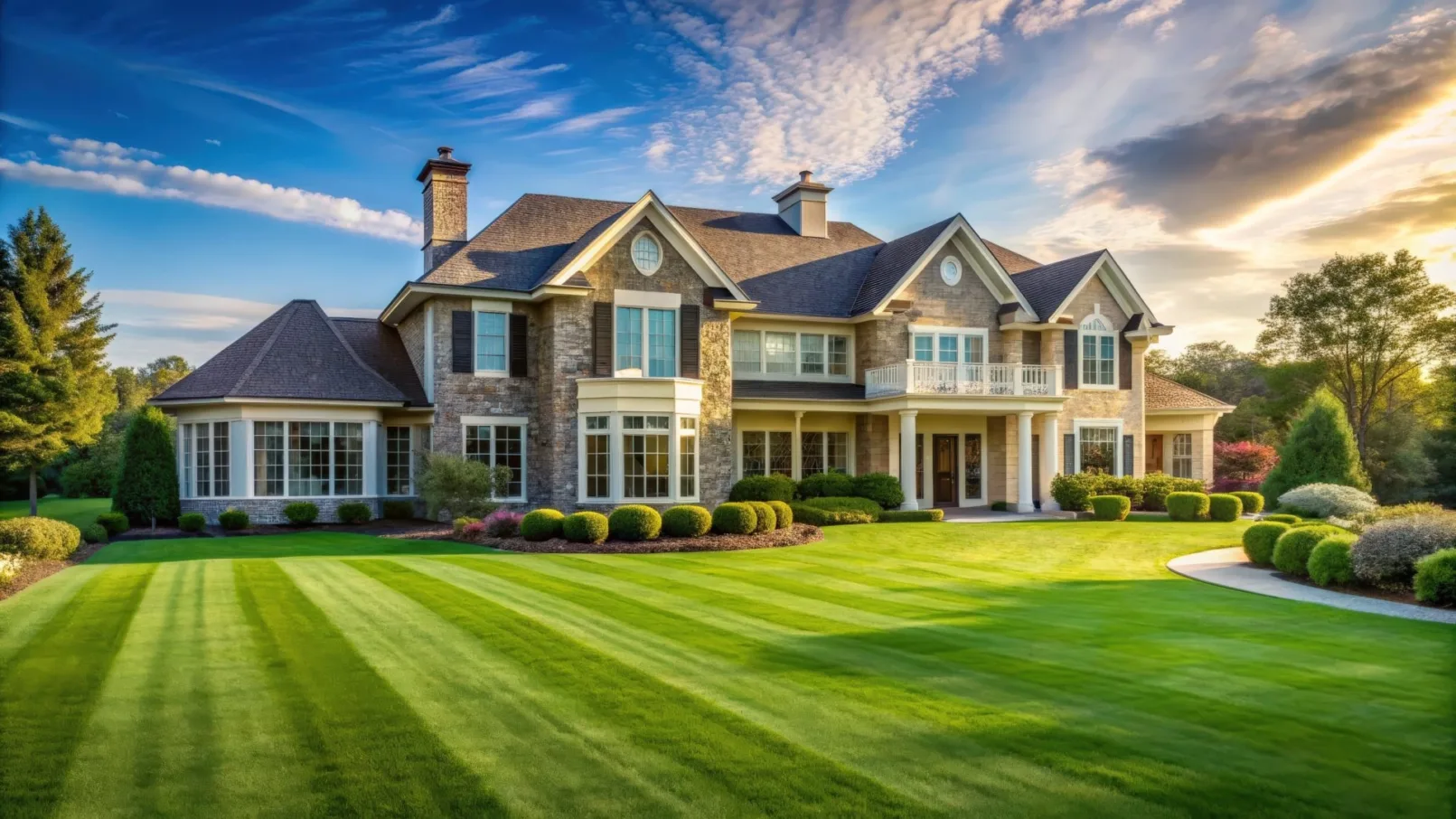 Luxe villa met grote tuin en strak gemaaid gazon bij zonsondergang