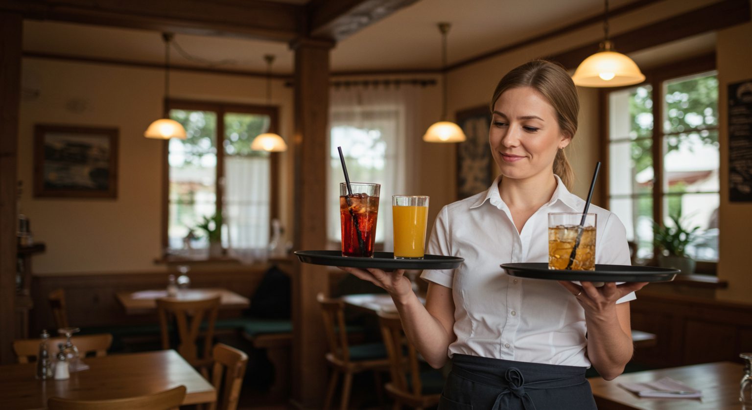 Serveester met drankjes op dienbladen in een traditioneel restaurantinterieur