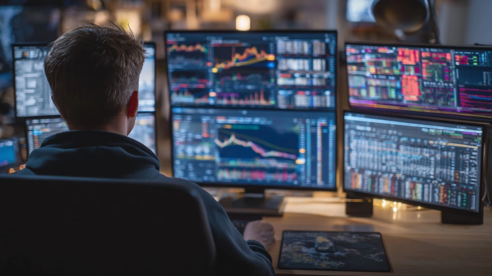 Trader bekijkt koersgrafieken en financiële data op meerdere schermen tijdens handel in crypto en aandelen.