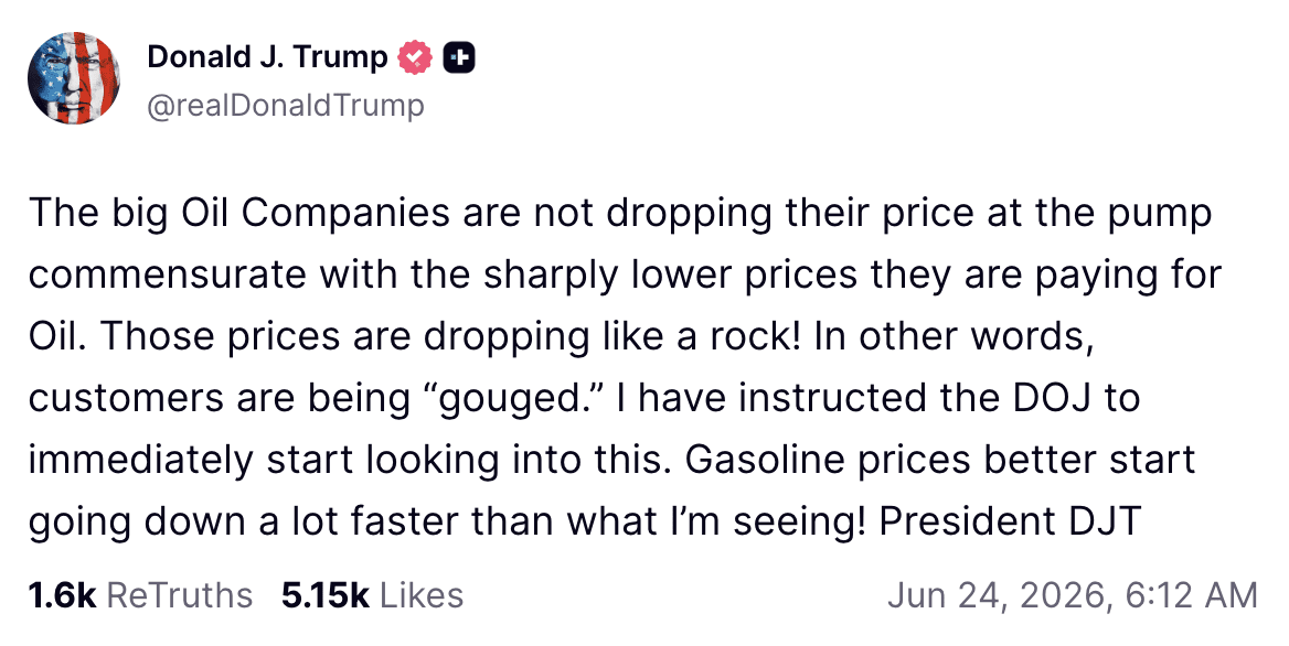 Trump opent aanval op grote oliebedrijven.