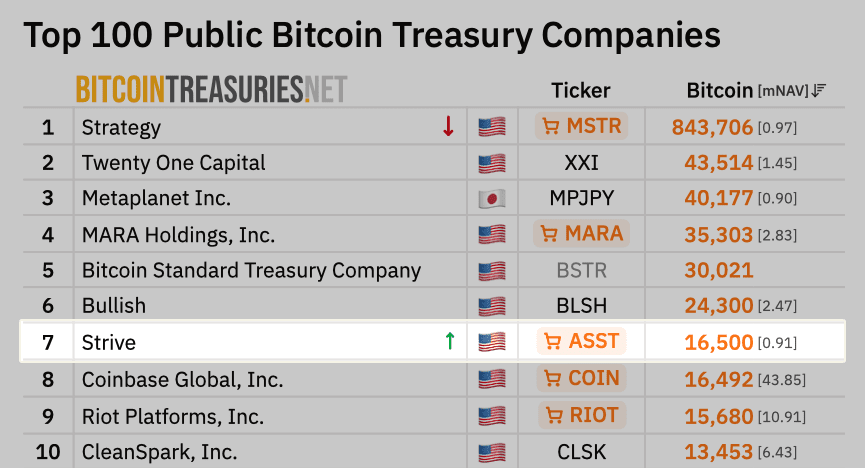 Ranglijst van de 100 grootste beursgenoteerde Bitcoin-bedrijven volgens Bitcoin Treasuries. Strive staat op de zevende plaats met 16.500 BTC, net boven Coinbase met 16.492 BTC en Riot Platforms met 15.680 BTC. Strategy voert de lijst aan met 843.706 BTC.