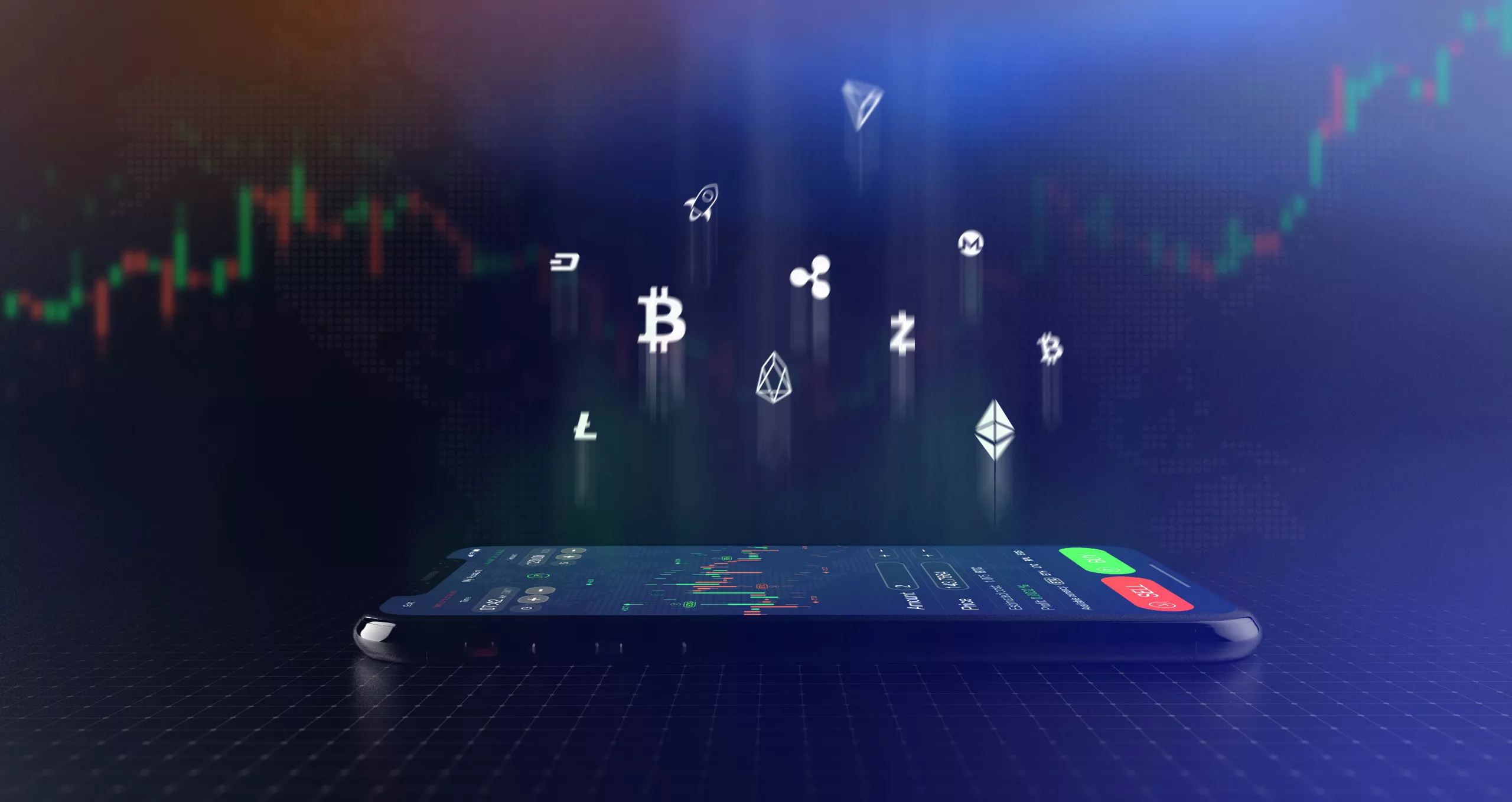Futuristic stock exchange scene with crypto currency icons
