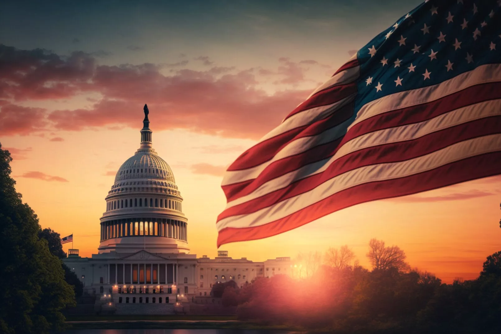 American flag with Capitol building in the background in the sun