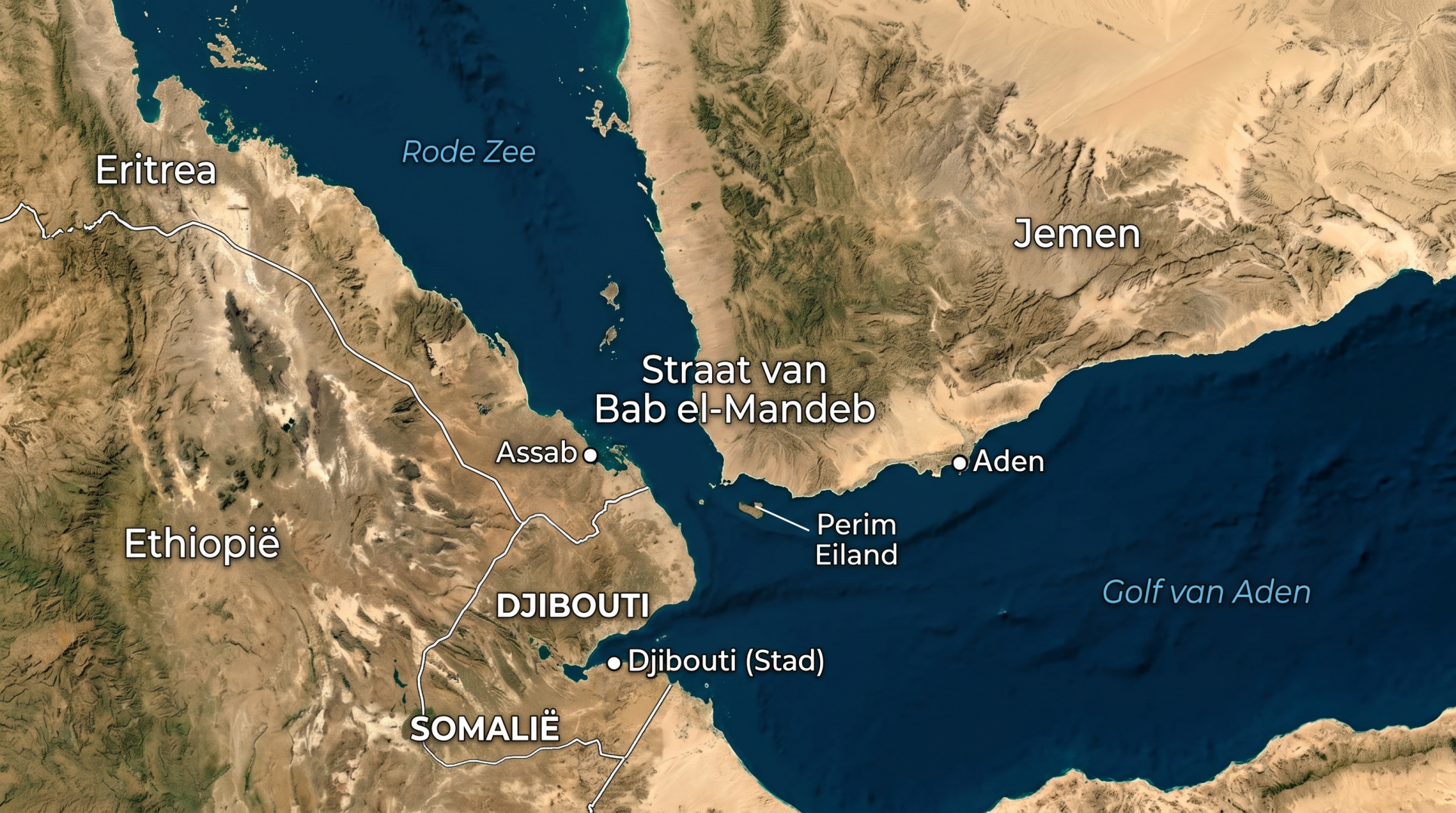 Kaart van de Bab el Mandeb tussen Jemen en Djibouti, de strategische toegang tot de Rode Zee die volgens Reuters mogelijk doelwit wordt van een blokkade door de Houthi’s.