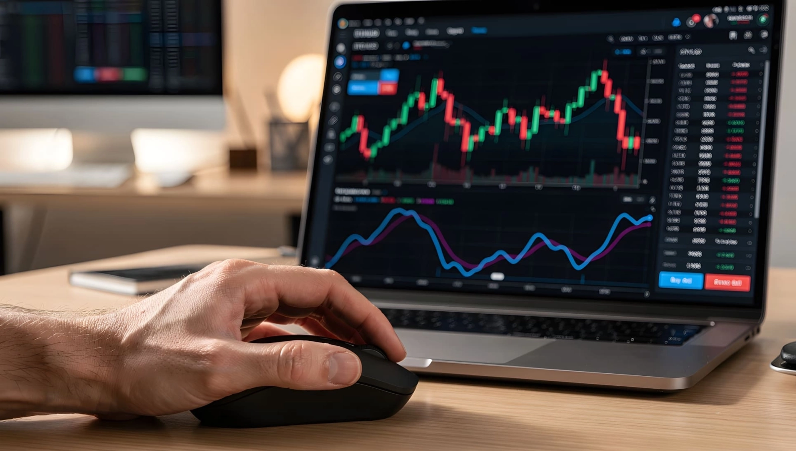 Grafiken zu Finanzmärkten und Kursdaten auf einem Computerbildschirm während der Beobachtung von Börse und Kryptomarkt.