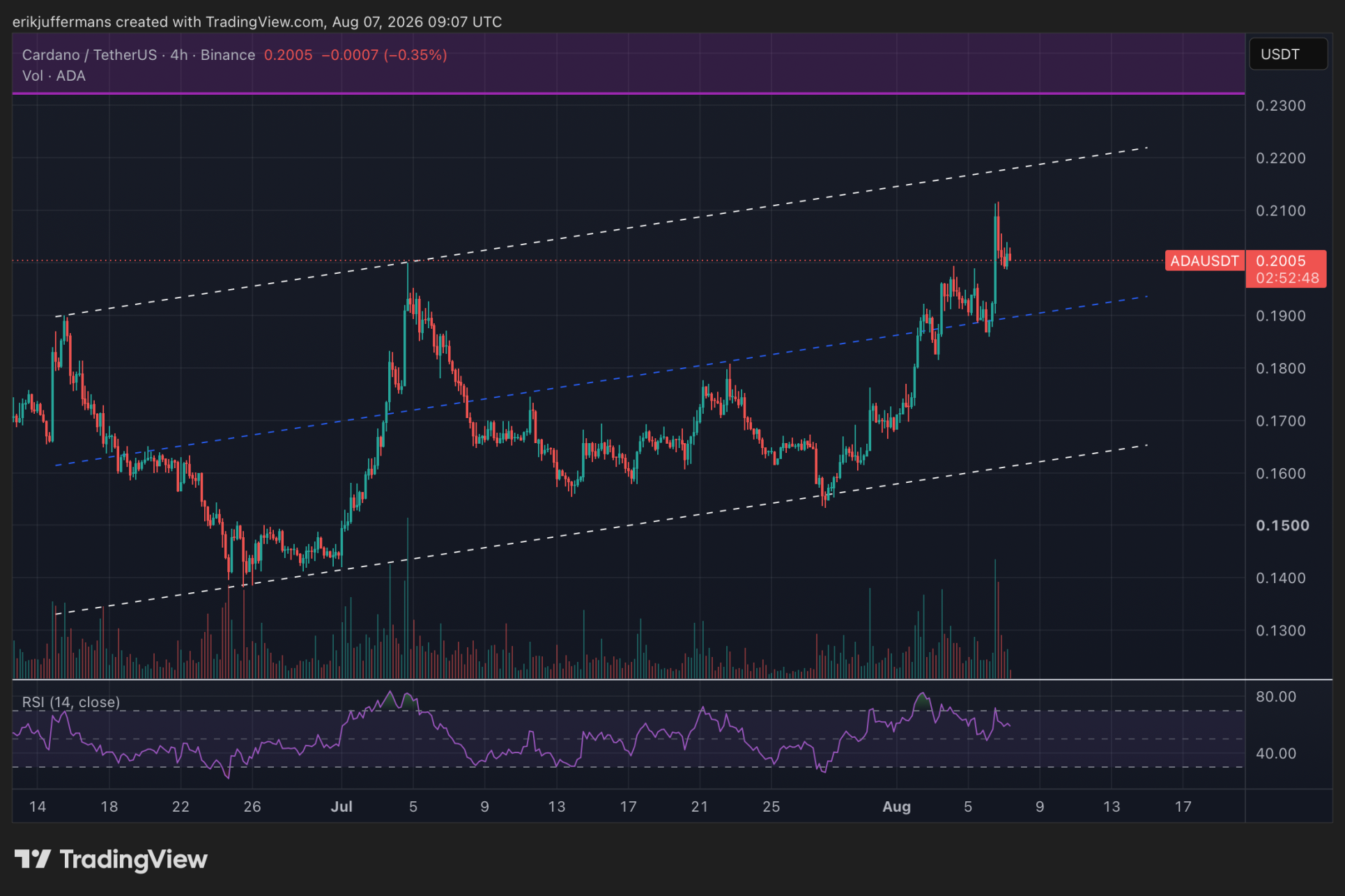 De vieruursgrafiek van Cardano met een bearish divergence.