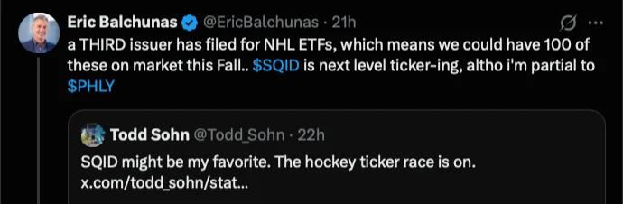 Screenshot von Bloomberg-ETF-Analyst Eric Balchunas über die wachsende Zahl von Anträgen für NHL-ETFs, mit denen Anleger über Futures auf die Entwicklung amerikanischer Eishockeyteams setzen können.