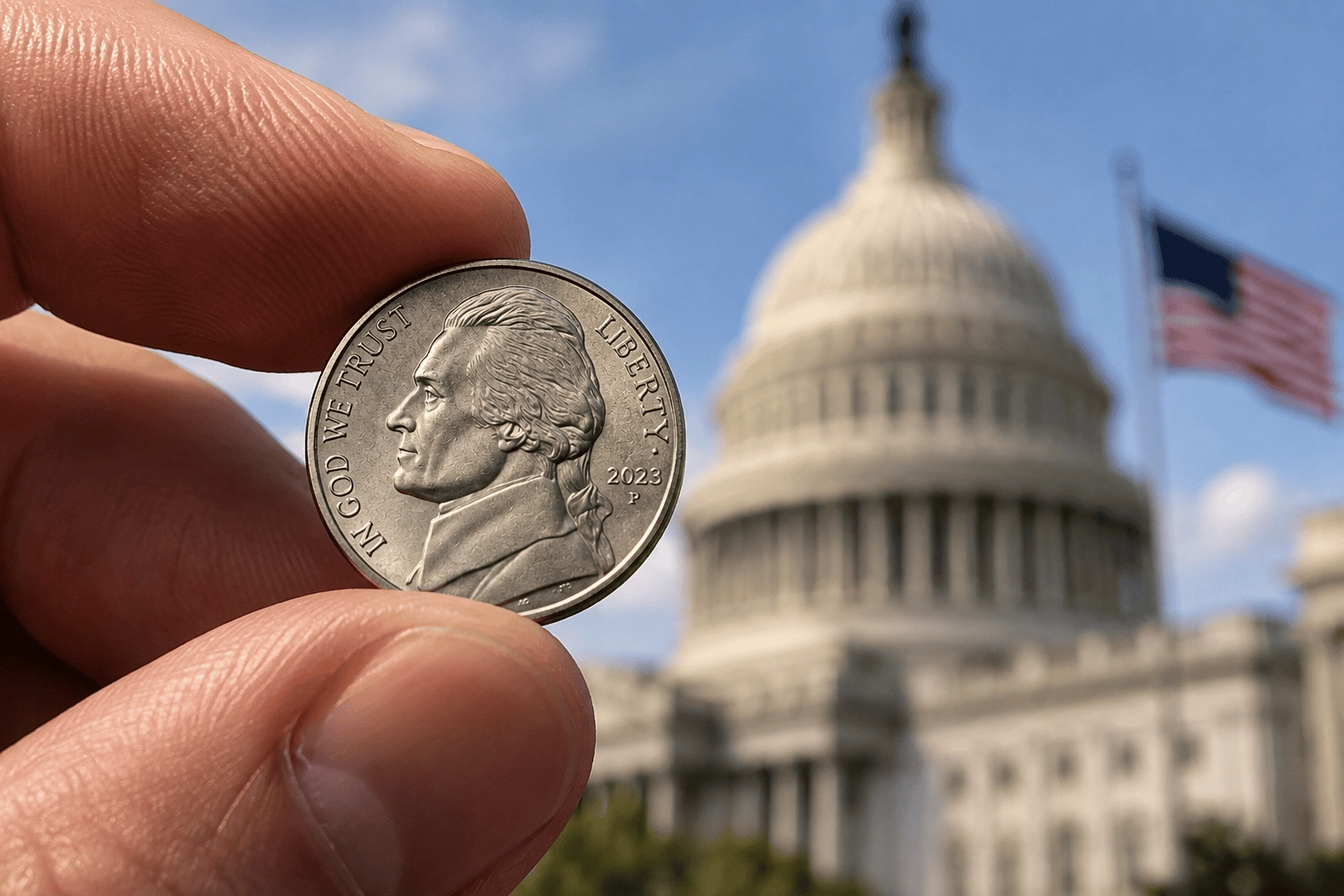 Amerikanisches Fünfcentstück in einer Hand, im Hintergrund das Kapitol in Washington.