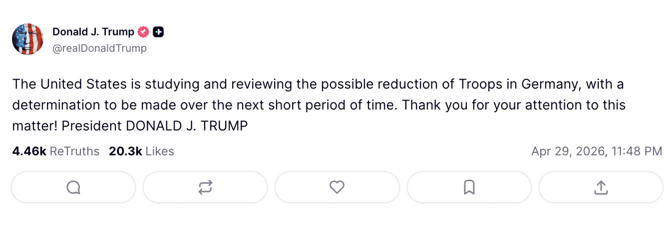 Donald Trump geeft aan dat de VS overweegt troepen weg te halen uit Duitsland.