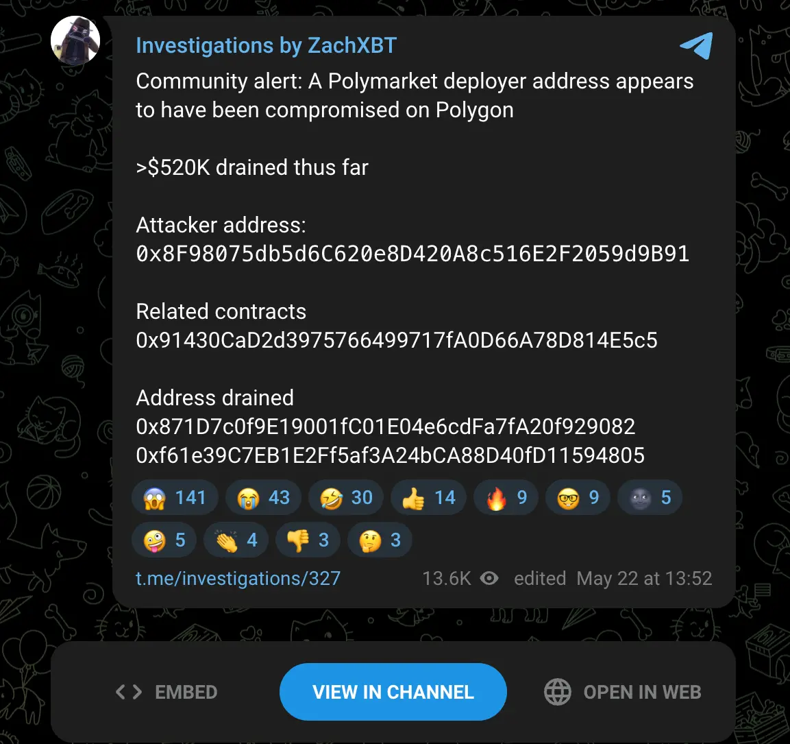 Screenshot van Telegram-bericht van blockchainonderzoeker ZachXBT waarin hij waarschuwt voor een mogelijke hack bij Polymarket op het Polygon-netwerk.