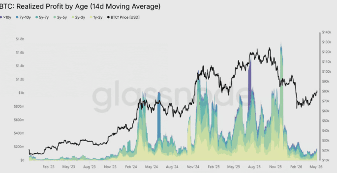 Bitcoin's gerealiseerde winst per leeftijdscategorie