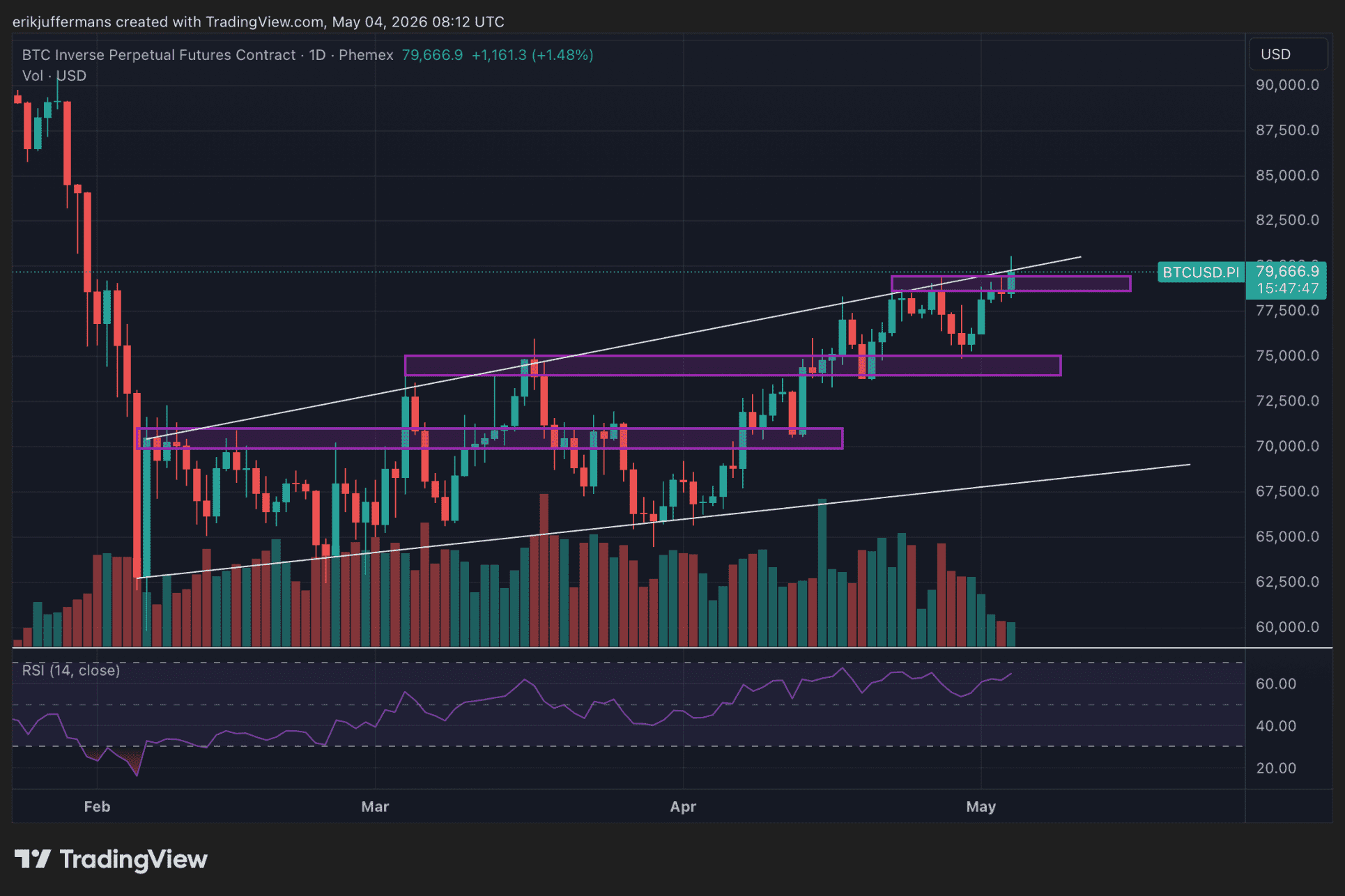 Dagelijkse grafiek van Bitcoin met stijgend kanaal, weerstand rond 80.000 dollar en bearish divergence in RSI zichtbaar bij afnemend momentum.
