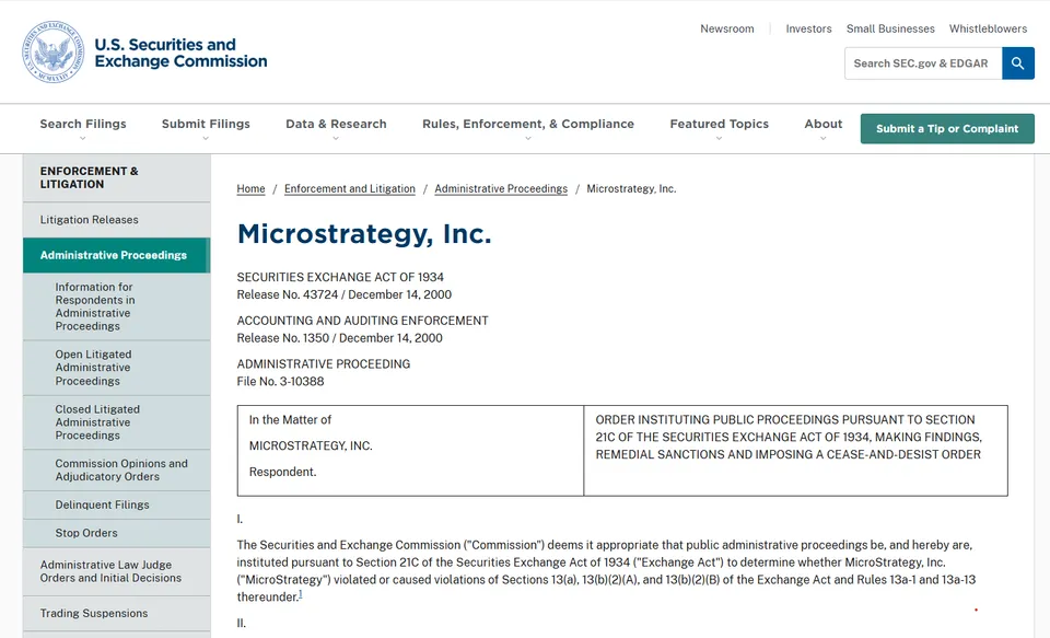 SEC-document over de handhavingszaak tegen MicroStrategy uit 2000, die later werd geschikt.