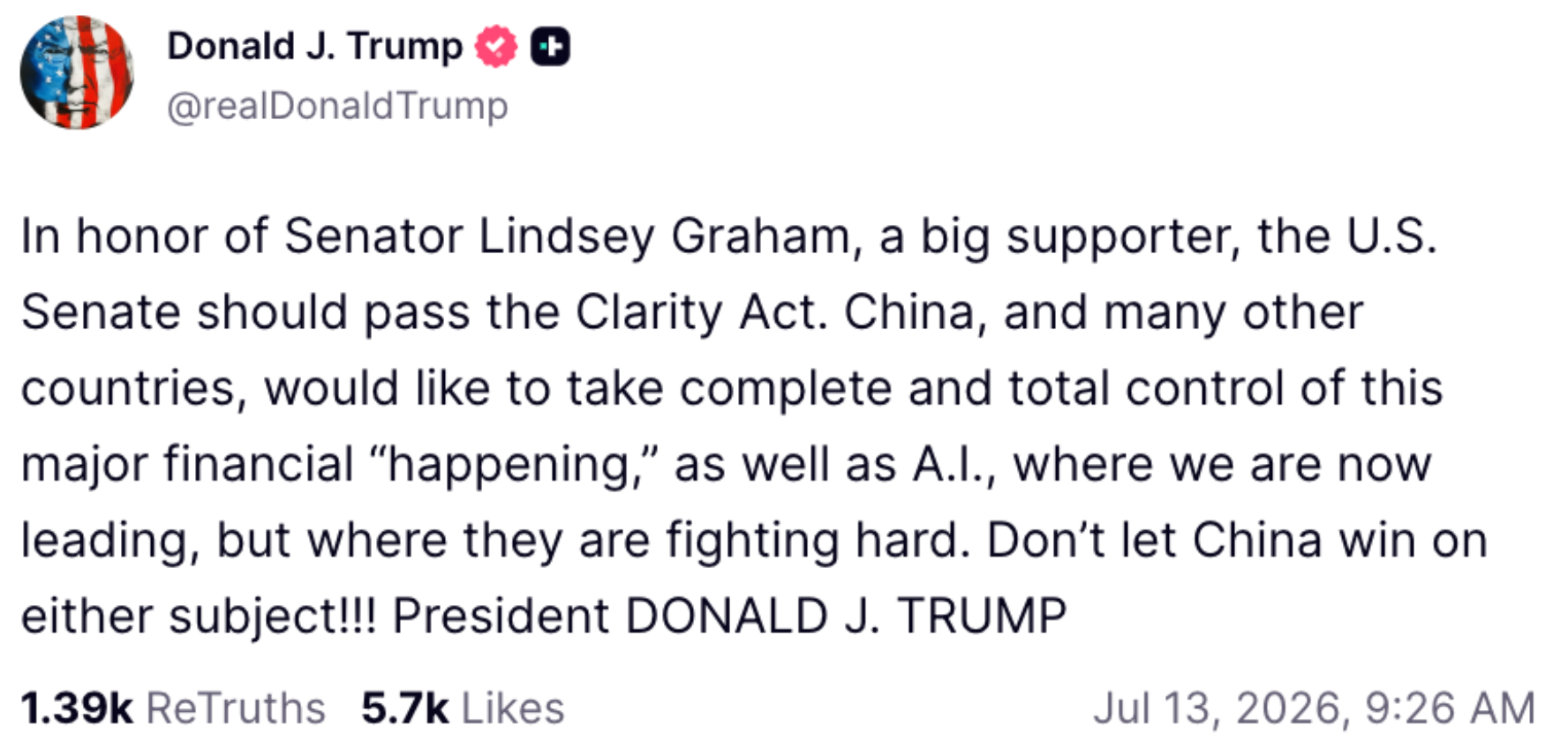 Donald Trump roept Senaat op CLARITY Act aan te nemen na overlijden Graham.