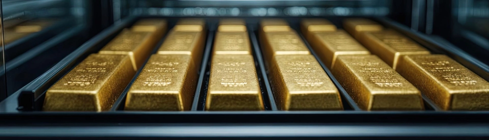 Des rangées de lingots d’or dans un coffre, brillants et soigneusement empilés