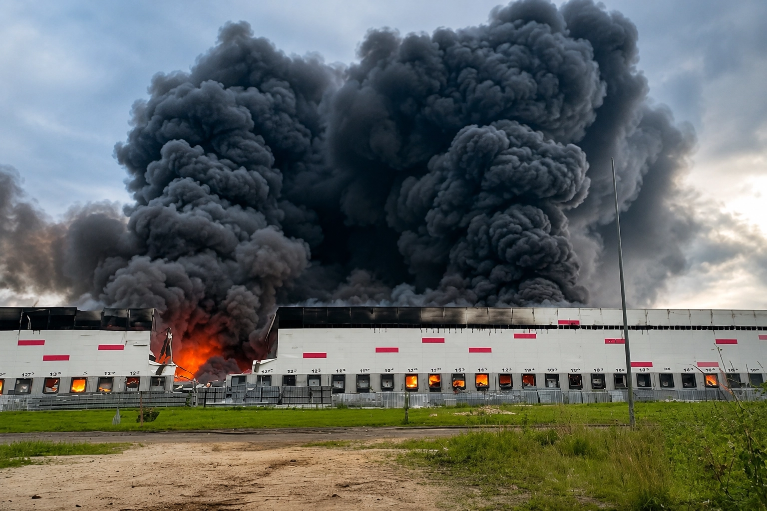 Entrepôt en flammes avec des panaches de fumée