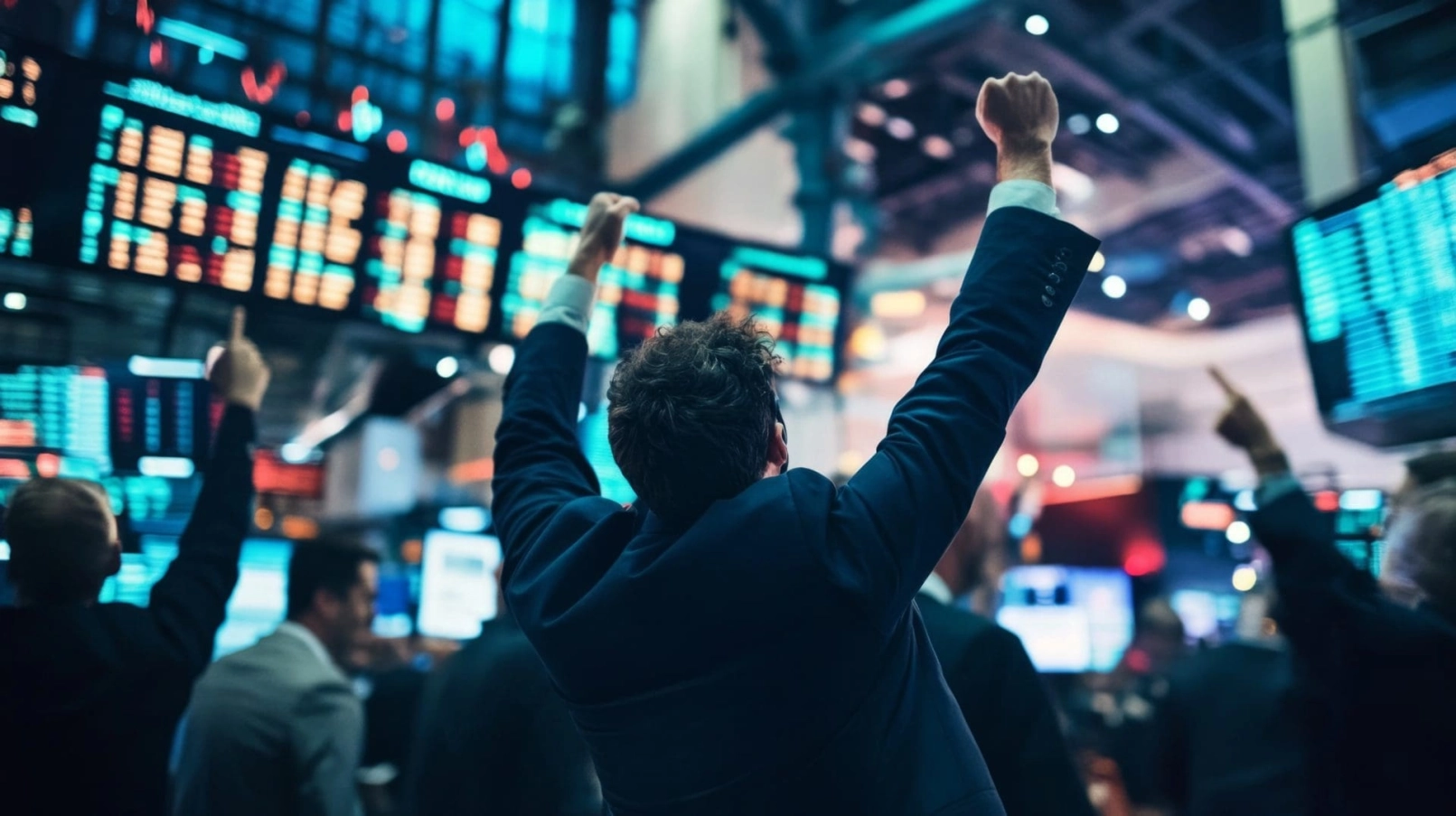 Des investisseurs exultent dans une salle de marché animée, devant des écrans affichant les cours boursiers.
