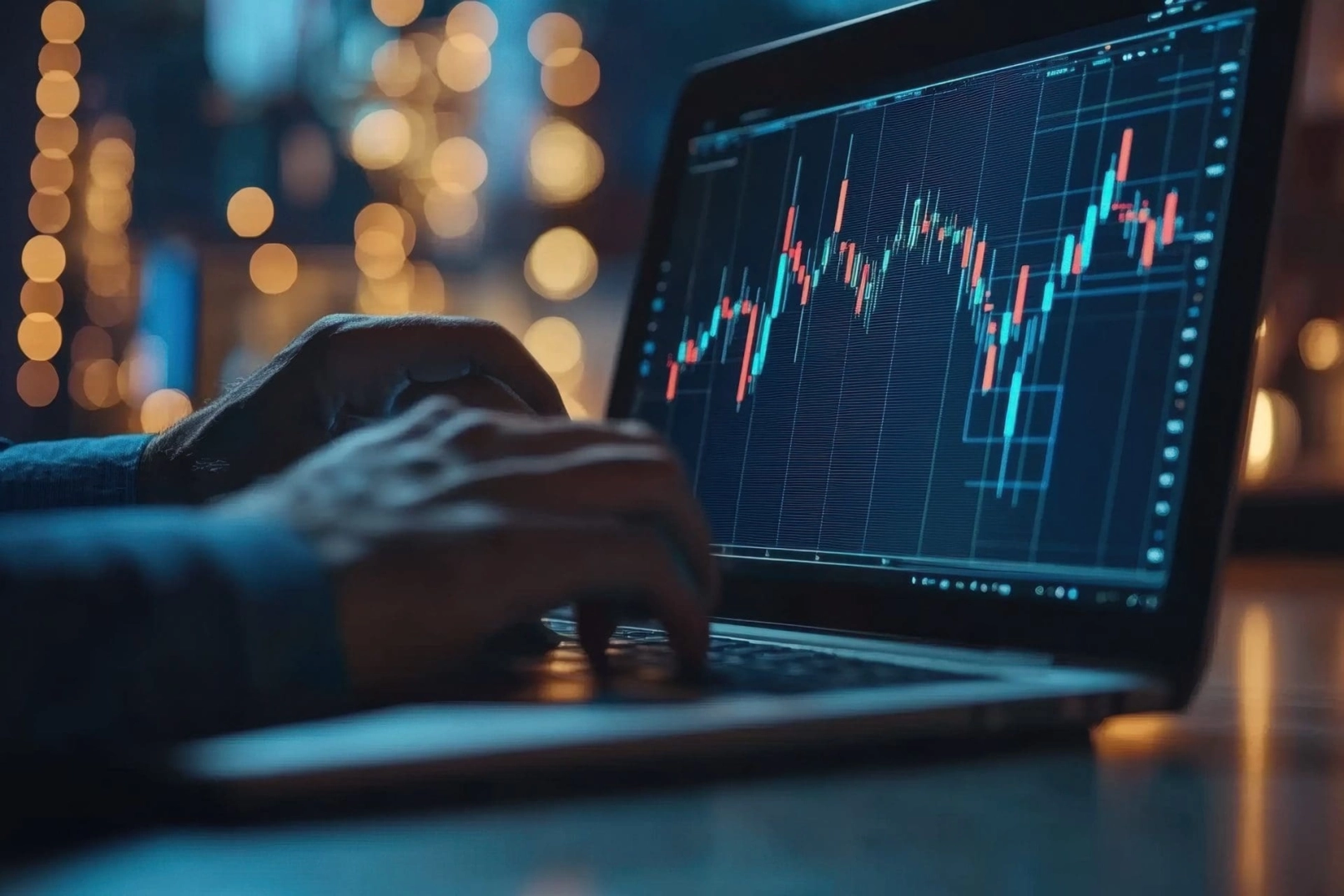 Manos sobre un portátil con un gráfico de velas de criptomonedas o acciones