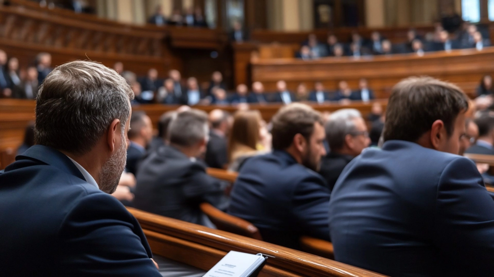 Miembros del Senado de Estados Unidos escuchan en una sala de sesiones clásica
