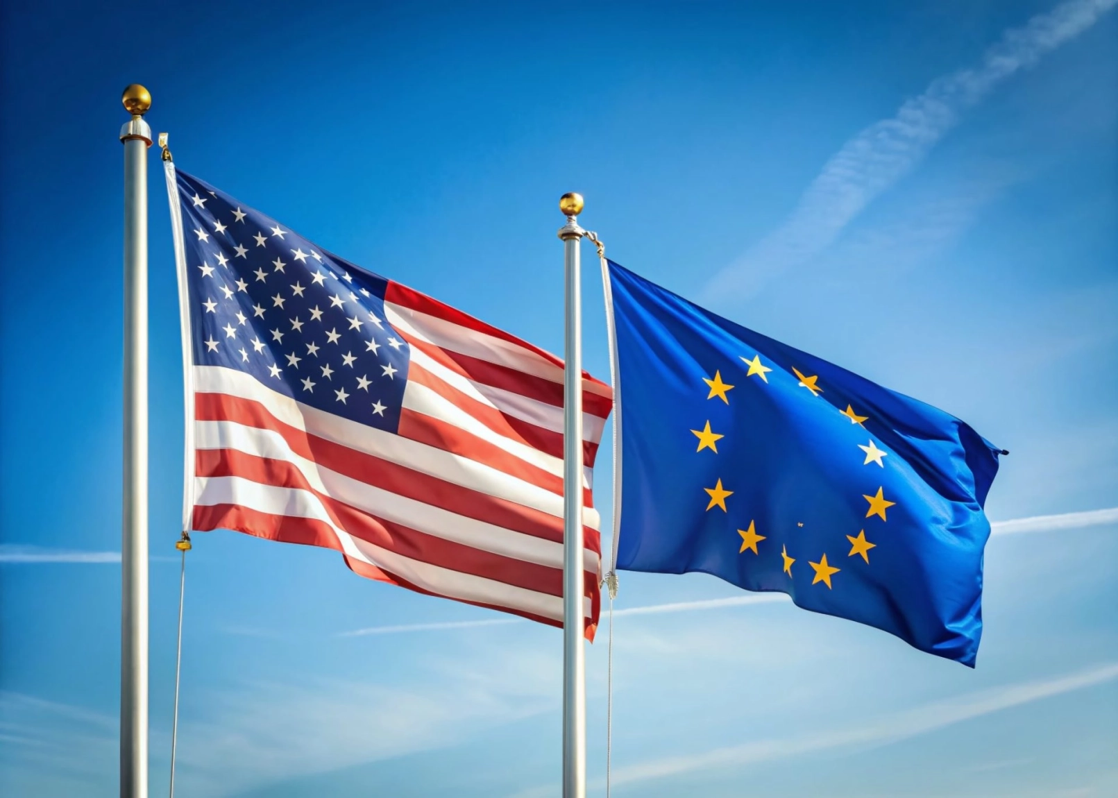 Banderas de Estados Unidos y de la Unión Europea ondean una junto a la otra