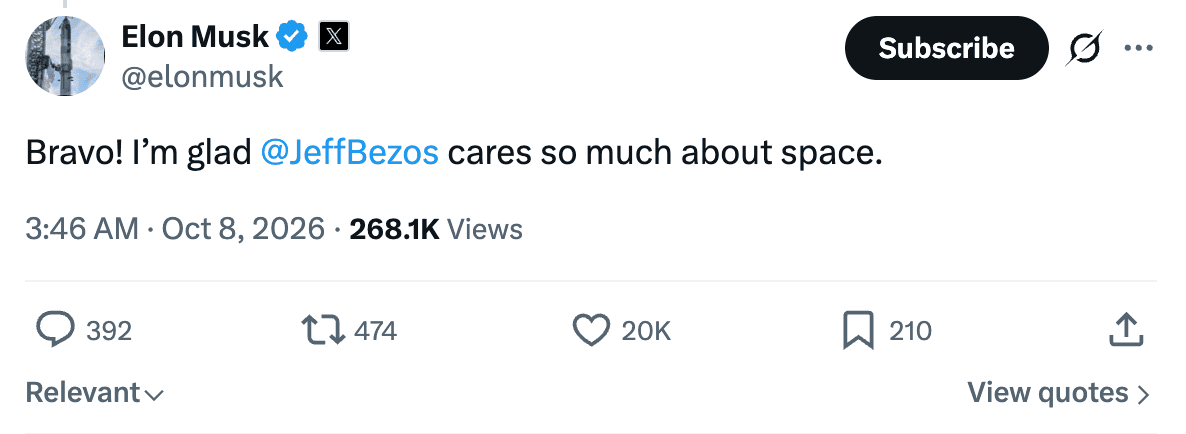 Musk celebra la inversión de su rival Bezos.